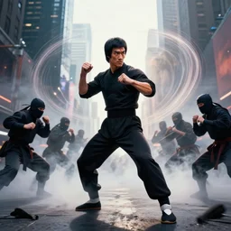 bruce lee, a master of chinese martial art, is dramatic kickboxing with many ninja, swirl mist : :, background is the time square in new york : :, symmetrical body, motion light streaks, photoreal, god rays, sss, hyper details, rembrandt lighting, frostbite 3 engine, kung - fu by bruce lee