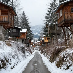 a photo of a narrow valley with village of wooden houses on either side and treehouses, pathway running through, snowy, atmospheric, beautiful, natural