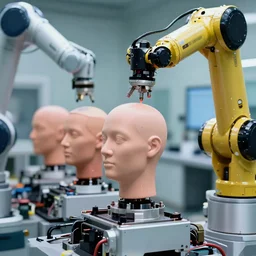 a close up of a robotic arm manufacturing living human heads, high tech environment, robotic devices, color photo