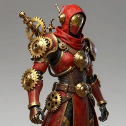 Portrait of a steampunk sci-fi cyborg ninja, third person, D&D, sci-fi fantasy, cogs:1, hoses:10, intricate, red and gold, highly detailed, art by Range Murata, highly detailed, 3d, octane render, bright colors, digital painting, trending on artstation, sharp focus, illustration style of Stanley Artgerm,