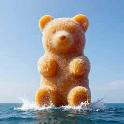 a giant sculpture of will smith as a gummy bear on the ocean, award winning, hyper - realistic, very detailed, realistic water splashes, ray tracing, 8 k resolution, long - shot, sharp focus, low angle, 8 5 mm photograph, wide lens