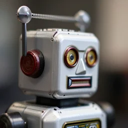 closeup profile face portrait of a high quality presentation photo of a retro toy robot, photography 4 k, f 1. 8 anamorphic, bokeh, 4 k, canon, nikon
