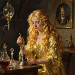 trashed alchemy lab with a wizard's portrait on the wall