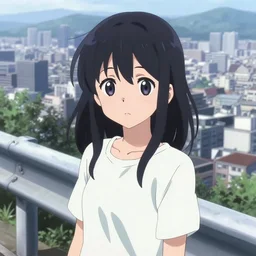 anime visual, portrait of a black haired girl wearing shirt sightseeing above the city, guardrail, cute face by yoh yoshinari, katsura masakazu, dramatic lighting, dynamic pose, dynamic perspective, strong silhouette, ilya kuvshinov, anime cels, 1 8 mm lens, fstop of 8, rounded eyes, moody, detailed facial features