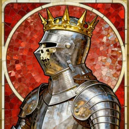 beautiful and detailed portrait of a knight, profile view, side view, kaldor helmet, skull - shaped visor, no mandible, royal crown with big spikes, plate armor, stained glass art, by alphonse mucha, red mosaic background, very masterful