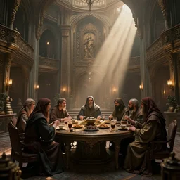 cultist secret meeting taking place in an art deco townhall in a oriental medieval fantasy village. incredible voluminous indirect soft glow cinematic lighting, hyperdetailed features, movie still, intricate, octane render, unreal engine, crepuscular rays, god rays, by beeple and rhads and donato giancola