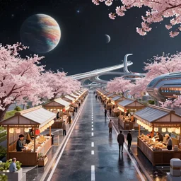 floating wet japanese market with vendors on a luxurious road on interstellar solar system with nearby planets seen from the distance, advanced highway, star trek style, by peter mohrbacher, jeremy mann, greg rutkowski, android james, ross tran, beautiful, award winning scenery, 8 k quality, clean details, serene, sakura season, octane render