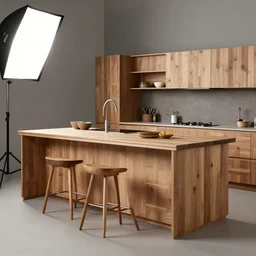 a kitchen with kitchenisle by peter vetsch, organic design, wood msterials, natural materials, photography, promotional photoshoot, zeiss lens, design, studio lighting, 8 k, high detail