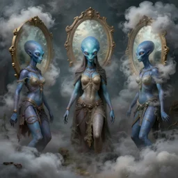 celebration : : vapors : : clouded mirrors : : fantasy art : : blue - skinned aliens : : ethnological photomanipulation painting : : 4 k hiper detailed