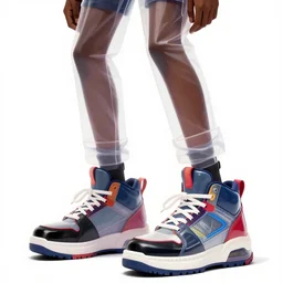 2 d illustration of a single dark skinned slender model standing with extremely stylish sneakers, see - through transparent clothing, vinyl material, colorful details, seen from below, dynamic posing, fashion photoshoot, 4 k, by splatoon, by jet set radio,