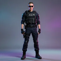 detailed character full body portrait of a skinny buzzcut masculine androgynous handsome federal government agent sunglasses tactical bulletproof kevlar on smoky neon background artgerm greg rutkowski mucha