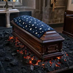 a funeral at a church built out of coal, trenchant burning embers and a shroud covered with mournful stars above the casket