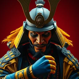 portrait of old samurai, ready to fight, goth punk, vibrant yellow, blue, colors, surreal, a french baroque by by alexander mcqueen, hyper detailed, very detailed, photograph, cinematic lighting, photorealistic, octane render, red backdrop