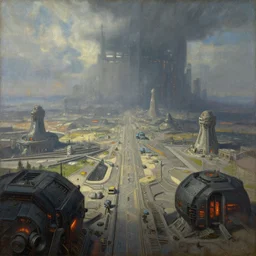 coruscant, cyberpunk, overhead view, distance shot, painting by brothers hildebrandt