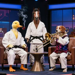 late night chat show with a duck smoking a pipe , a horse in a judo kit, a dog in a sequin waistcoat playing a trombone