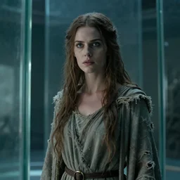 close - up of a sorceress woman in tattered robes, standing in a room of glass walls. dramatic. cinematic. concept art. 4 k, ultra - high - definition