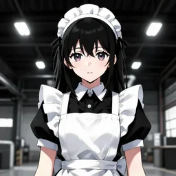 brutal high - contrast illustration of anime maid standing inside a warehouse of industrial lights, beautiful upper body shot, pretty face and eyes by davinic, pixiv contest winner