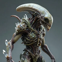 skin concept, alien, biopunk, plant predator, predator, teeth, many details, crystals, guyver style, 3 d, cinematic, hyper realism, high detail, octane render, art by hans giger