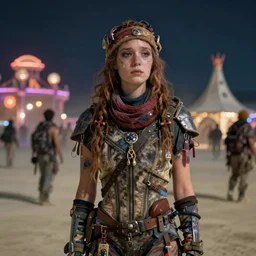 detailed ultrarealistic 4 k photography front full shot of sadie sink, burningman festival, postapocalyptic, fantasy, starwars, artstation cinematic, vray