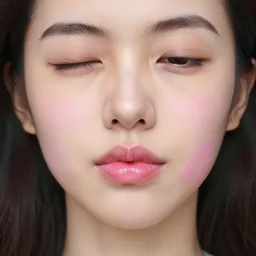 a person winking with pink paint of their lips, realistic