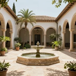 Interior view of a garden in a 15th century Spanish villa with a fountain in the middle, there are palm trees and plants. highly detailed 4k. bright day, angled sunlight. wide shot, cinematic composition, bright beige colors. style of Greg rutkowski