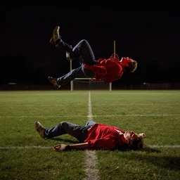 a still from the breakfast club ( 1 9 8 5 ) of a man lifelessly floating 1 0 feet above an empty football field at night, illuminated solely by a red light