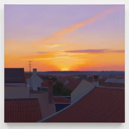a painting of a sunset from the rooftops by Alena Aenami and Andreas Rocha.