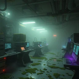 an abandoned research facility in a foggy environment with mossy computers, and colored lights on research equipment still functioning | intricate detail, microdisplacement, elaborate design, cgi, volumetric lighting, global illumination