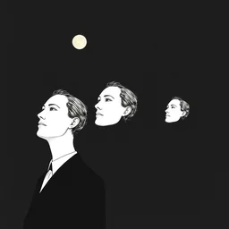 floating heads in the sky, outline drawing, monochrome, magritte, jack gaughan