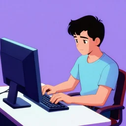 man working at his computer in the 8 0 s, vaporwave nostalgia, 8 0 s anime, studio ghibli, sketched by osamu tezuka