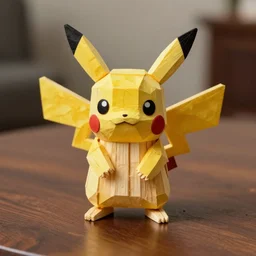 pikachu figure made of matchsticks, on a coffee table, 4K photo