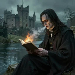 voldemort sitting by the river reading, exudes terror, castle, mysterious breath, spitfire, photography, hyperrealistic, by greg rutkowski, smooth, illustration, elegant, artstation, digital painting.