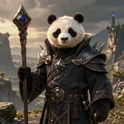 a portrait an anthropomorphic panda warlock holding a staff, wearing warlock robes with spiked shoulders, landscape in background, dnd character art portrait, world of warcraft style, by peter mohrbacher, cinematic lighting