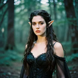 An analogue photo of a beautiful and dangerous Elven Queen in her forest; 35mm; natural light; f/1.4; 90mm