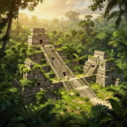 overgrown aztec village in the jungle, concept art by yongfei liu, alben tan, vance kocas, octane rendered, golden hour