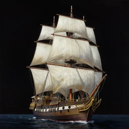 Photorealistic epic science fiction painting of a tall ship with three masts sailing through space, by Rodney Matthews and Roger Dean.  photorealism, UHD, amazing depth, glowing, golden ratio, 3D octane cycle unreal engine 5, volumetric lighting, cinematic lighting, cgstation artstation concept art