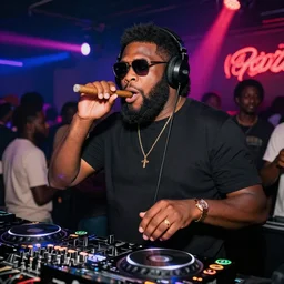 gorilla dj dance party in a club listening to bustah rhymes holding a cigar, high quality, high definition, photo realistic, dance lights