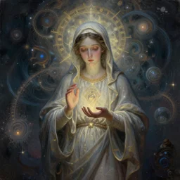 infinite streaming virgin mary enlightening the masses, fantastic and magical, moody and mysterious, ornate swirling information, intricate fractal algorithms, gorgeous detail, smooth sharp edges, crisp lines, beautifully detailed digital oil painting by artgerm and beeple