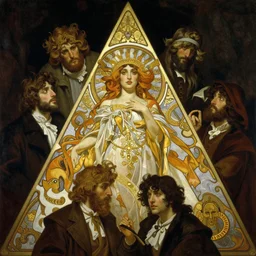 hyper realistic painting of triangular gloom, gold ornaments, flowing fabric, intrincate detail, detailed faces by wayne barlowe, gustav moreau, goward, gaston bussiere and roberto ferri, santiago caruso, and austin osman spare, ( ( ( ( occult art ) ) ) ) bouguereau, alphonse mucha, saturno butto