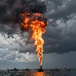 photo of a fire spout with sharks in it, sharknado, low angle shot,