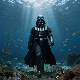 Darth Vader walking on the seabed, as schools of fish swim past