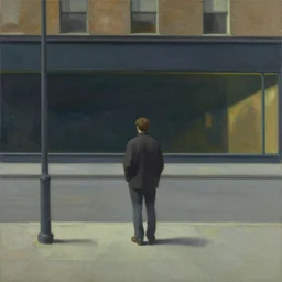 a man standing in the street completely alone in the style of edward hopper, lonely feelings, painterly, loneliness, extremely detailed, very detailed!!