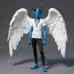 skinny blue male demon, full body, white feathery angel wings, white t - shirt and black leggings, digital art, trending on artstation, two black horns, two long pointy ears, wearing excessive jewelry, black freckles, clawed hands feet, highly detailed, dynamic shadows, 4 k