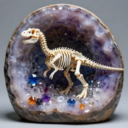 photorealistic small dinosaur skeleton inside a geode of colored crystals