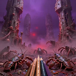 fine art pencils, wheeled, varied muck jeweled, filthy rugated armored crustaceans clawing & terrified as massive brutalist structures, claustrophobic cilia sporing pox, veined, final battle, red purple fog, by alex nino by francesco blanc, geof darrow, bisley, b wolverton & by jack gaughan high resolution, hyper