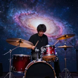 person drumming on a drum kit in milky way galaxy, stunning digital art, artstation, vibrant colors, sharp, 8 k, gigachad