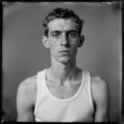 Daguerreotype of a skinny crackhead tweaker wearing a wifebeater tanktop. Faces of meth, classical portrait, 1894