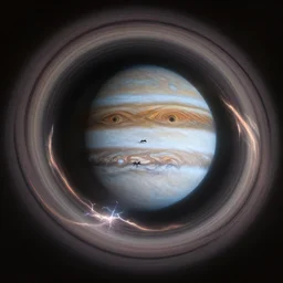 tiny ant of a silhouette pales under the wrath of the planet jupiter's concentric rings barreling towards him. fulgurant sense of drifting aura, fluid dynamics Heavenly Godlike looping gas giant.