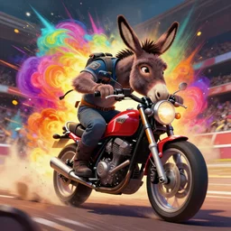 anthropomorphic donkey biker on a motorcycle with human characteristics in an arena, digital art, epic composition, fantasy, explosion of color, highly detailed, in the style of jake parker, in the style of conrad roset, swirly vibrant colors, sharp focus