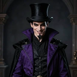 portrait, mena massoud wearing purple and black ringmaster attire, nefarious smirk, slender body type, young adult in his early 3 0 s, black hair, medieval, black top hat, pencil - thin goatee, villain, style by donato giancola, wayne reynolds, jeff easley dramatic light, high detail, cinematic lighting, artstation, dungeons and dragons